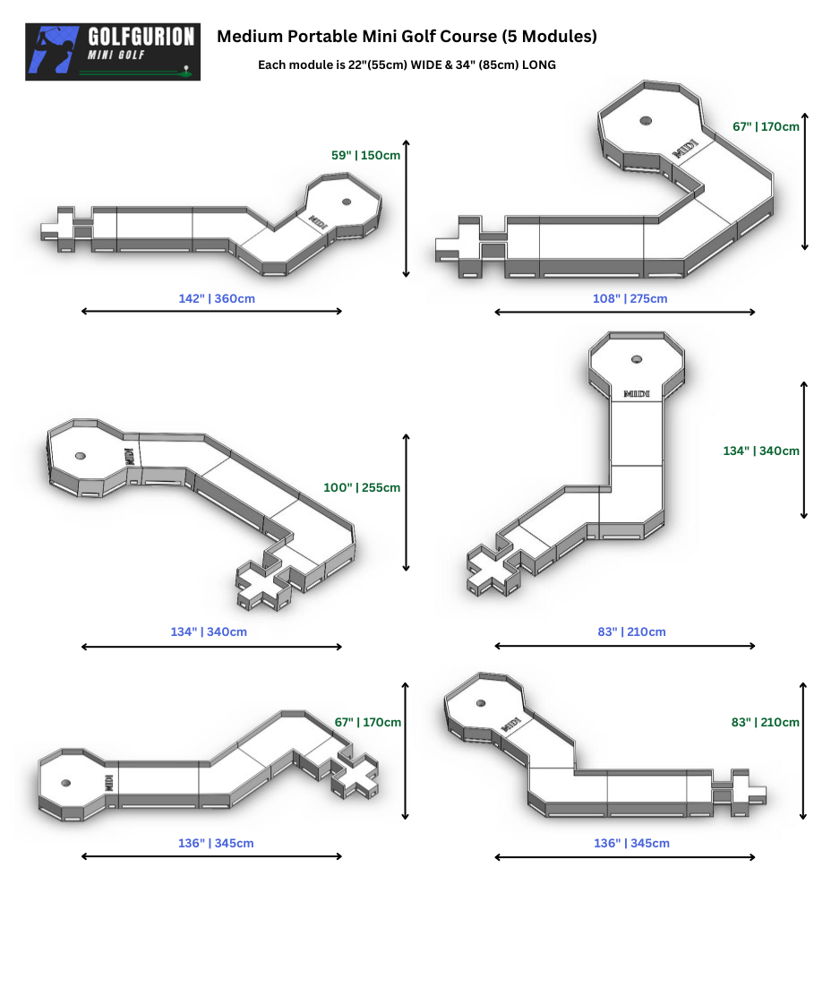 Średniej wielkości przenośne pole do minigolfa (5 modułów) Wymiary układu